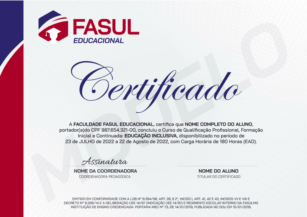 Certificado FASUL EDUCACIONAL Frente